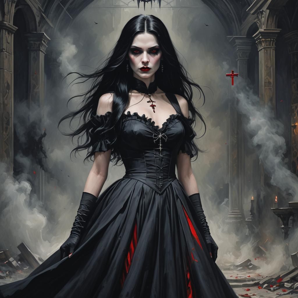 Vampire Woman in Black Dress: Sinister Portrait