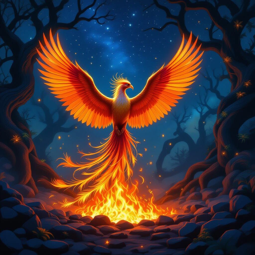 Majestic Phoenix Rises from Embers in Mystical Forest