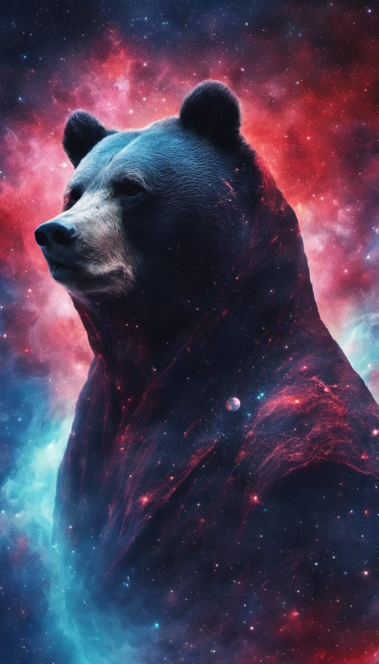 Gothic Space Bear Portrait in Astral Double-Exposure