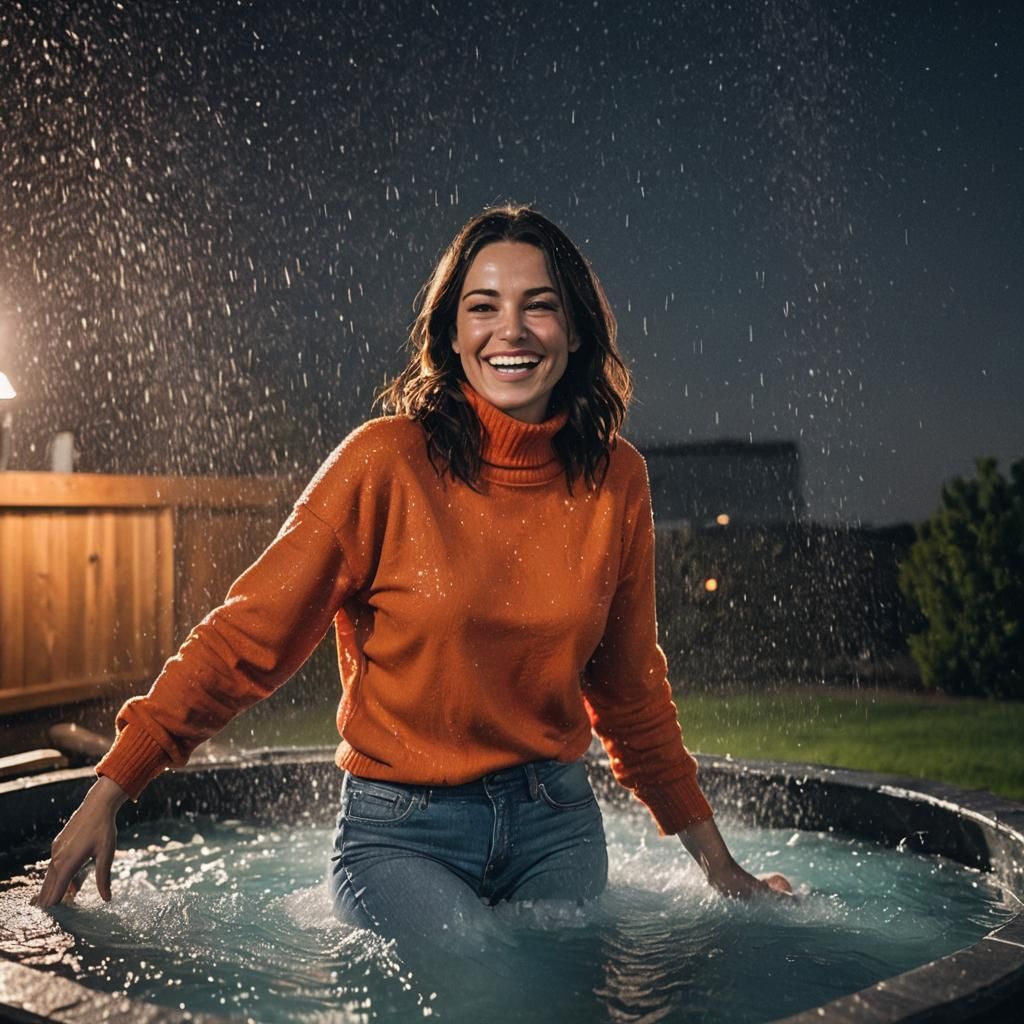 Woman Emerging from Hot Tub on Moonlit Night