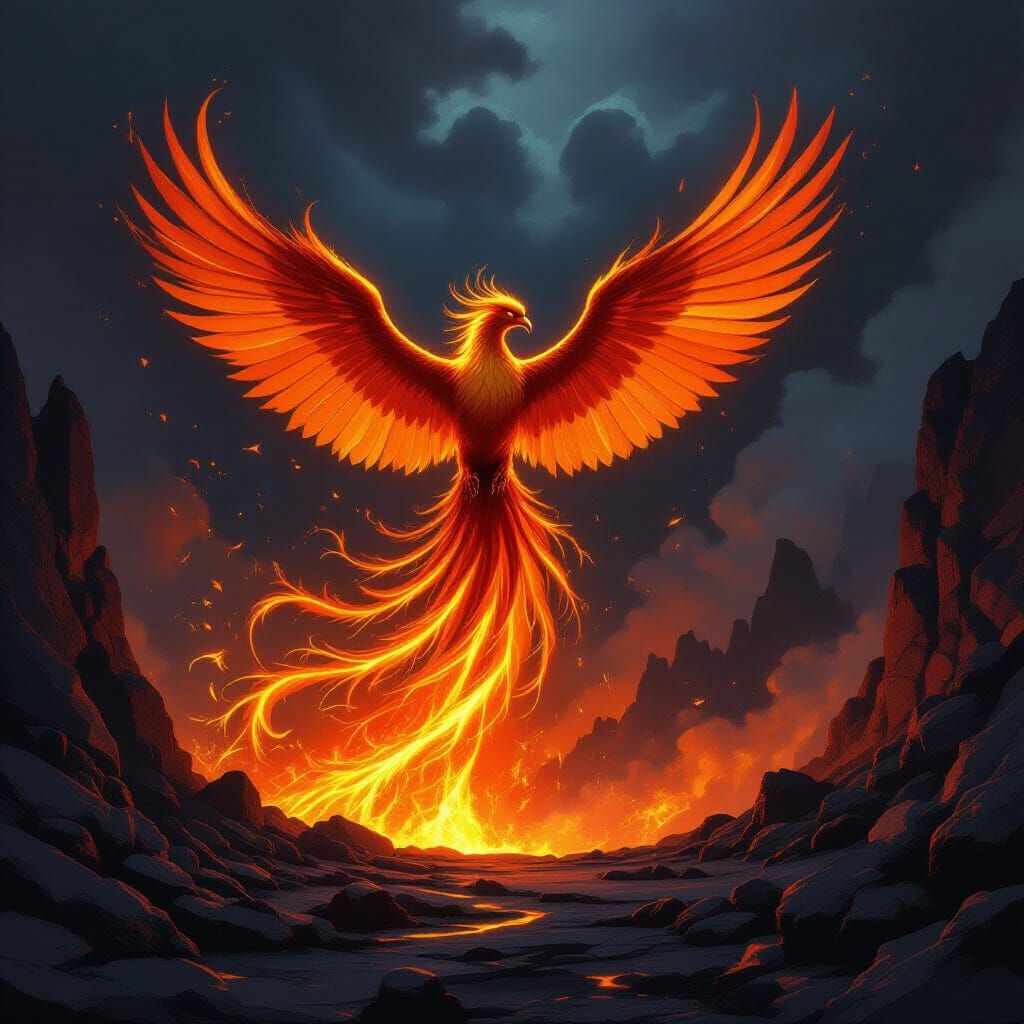 Fiery Phoenix Rises From Volcanic Caldera in Epic Fantasy Ar...
