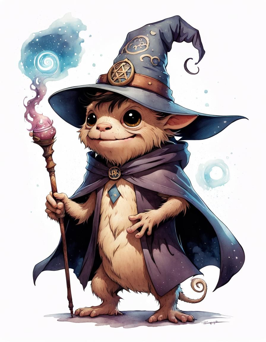 Adorable Monster Wizard at Hogwarts in Watercolor Style