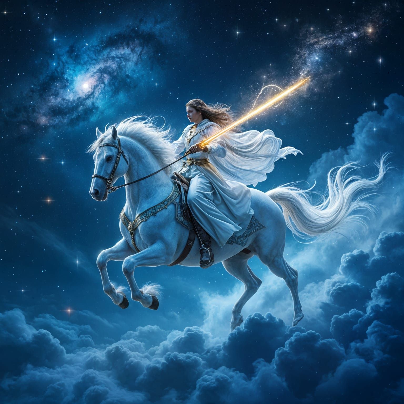Mystical Rider on Spectral Horse in Starry Sky