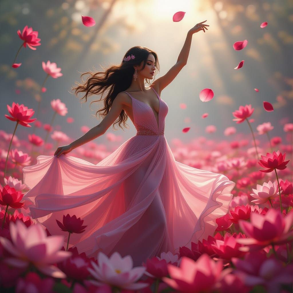 Mystical Dancer in Lotus Flower Field