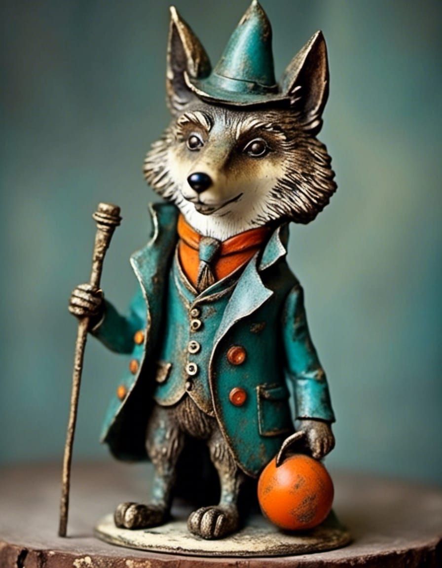 Adorable Wolf Wizard in Vintage Style