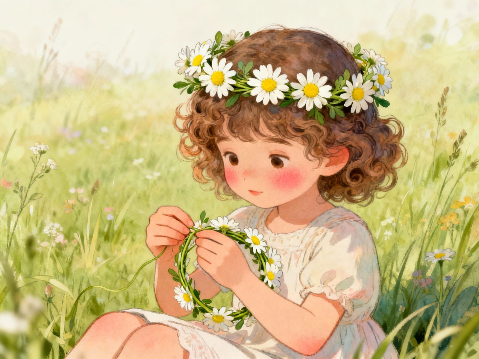 Cute Girls Weaving Daisy Wreaths, Inspired by Classic Illust...