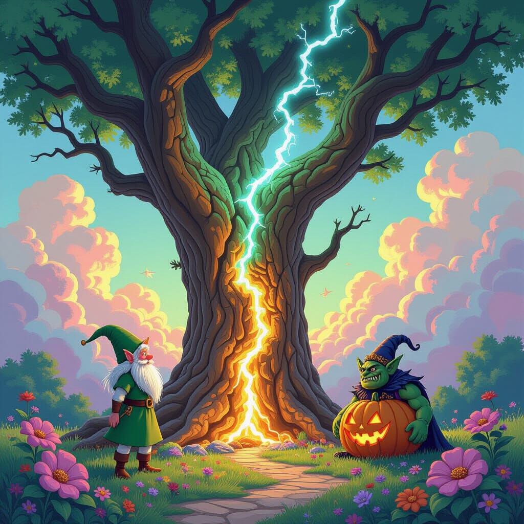 Fantasy Tree Split by Lightning with Elf and Troll