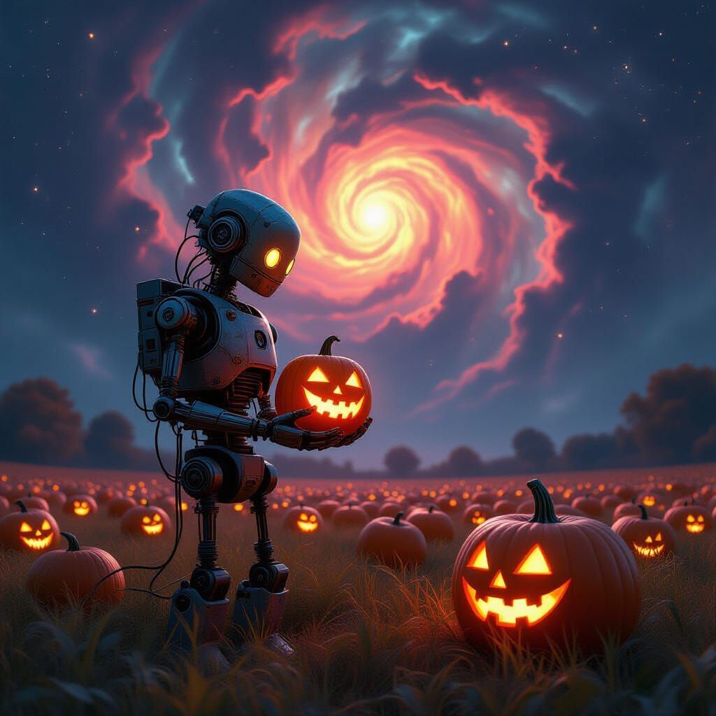 Robot in Glowing Pumpkin Field Under Nebula Sky