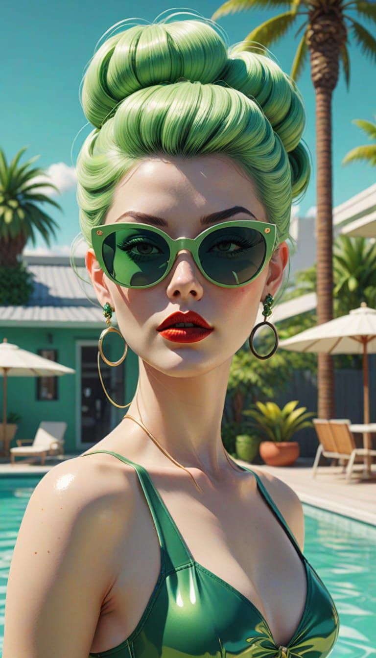 Green-Skinned Woman Poolside in Retro Pulp Style