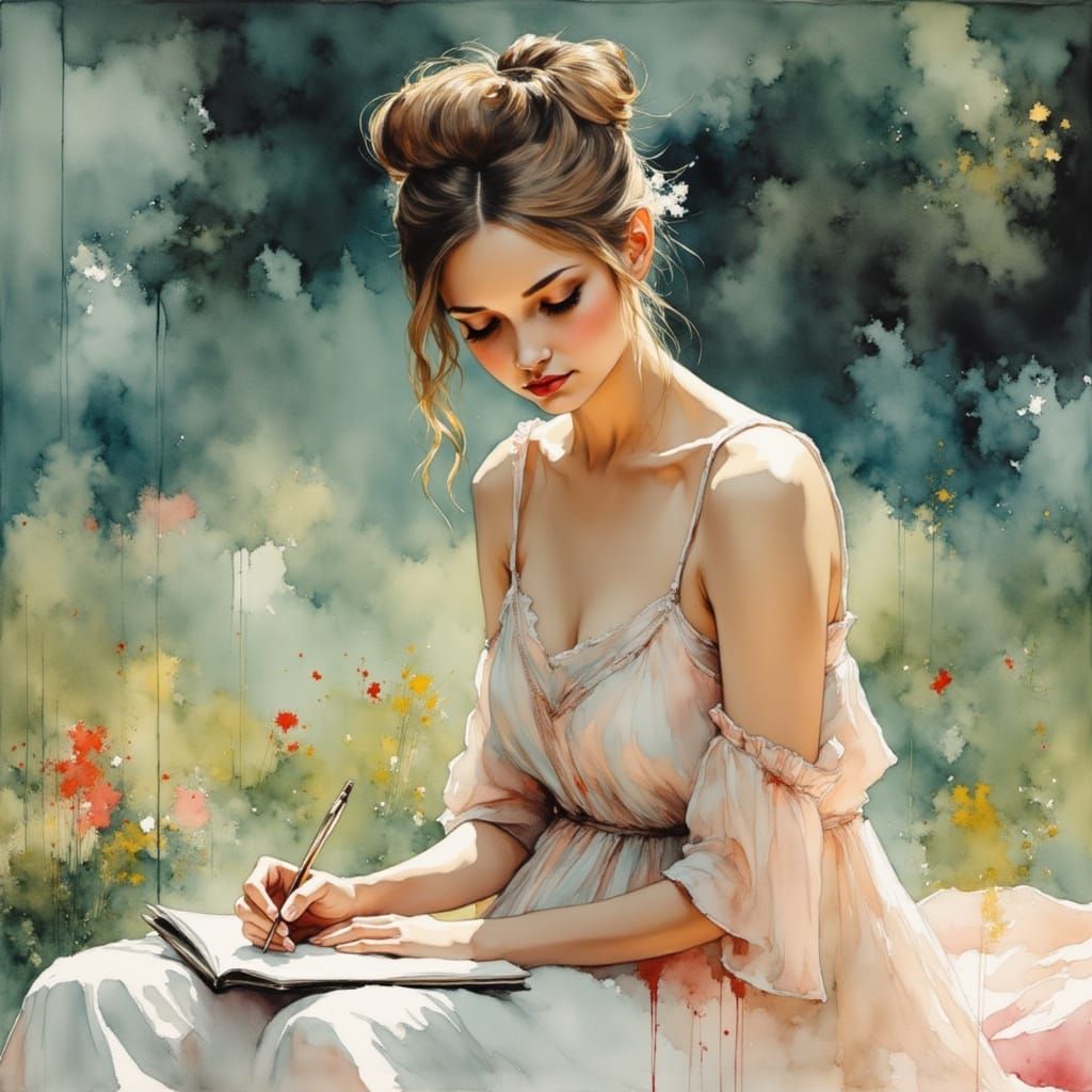 Serene Female Writer in Pastel Jumper