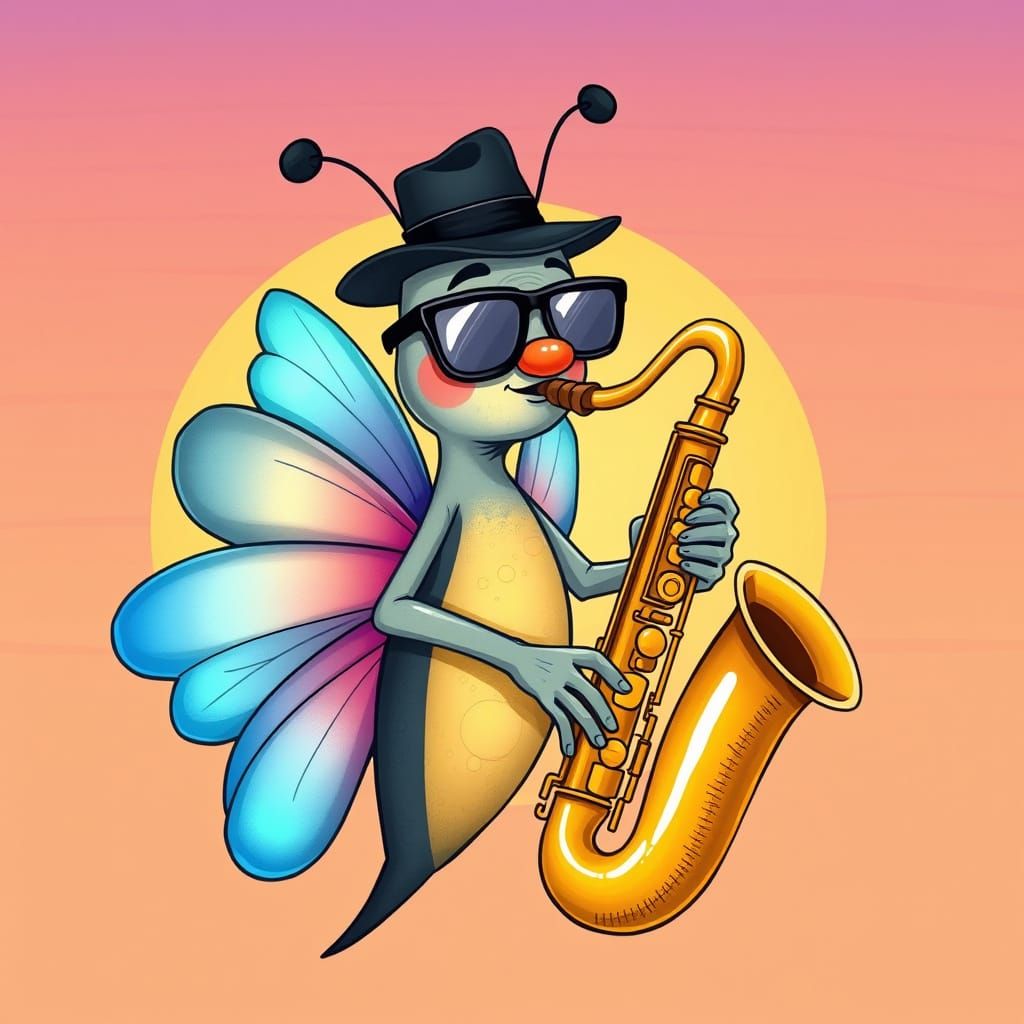 Butterfly Epic Sax Guy in Hand-Drawn Cartoon Style