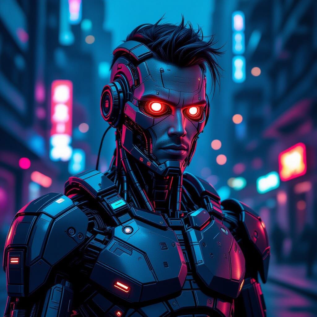 Futuristic Cyborg Warrior in Neon City