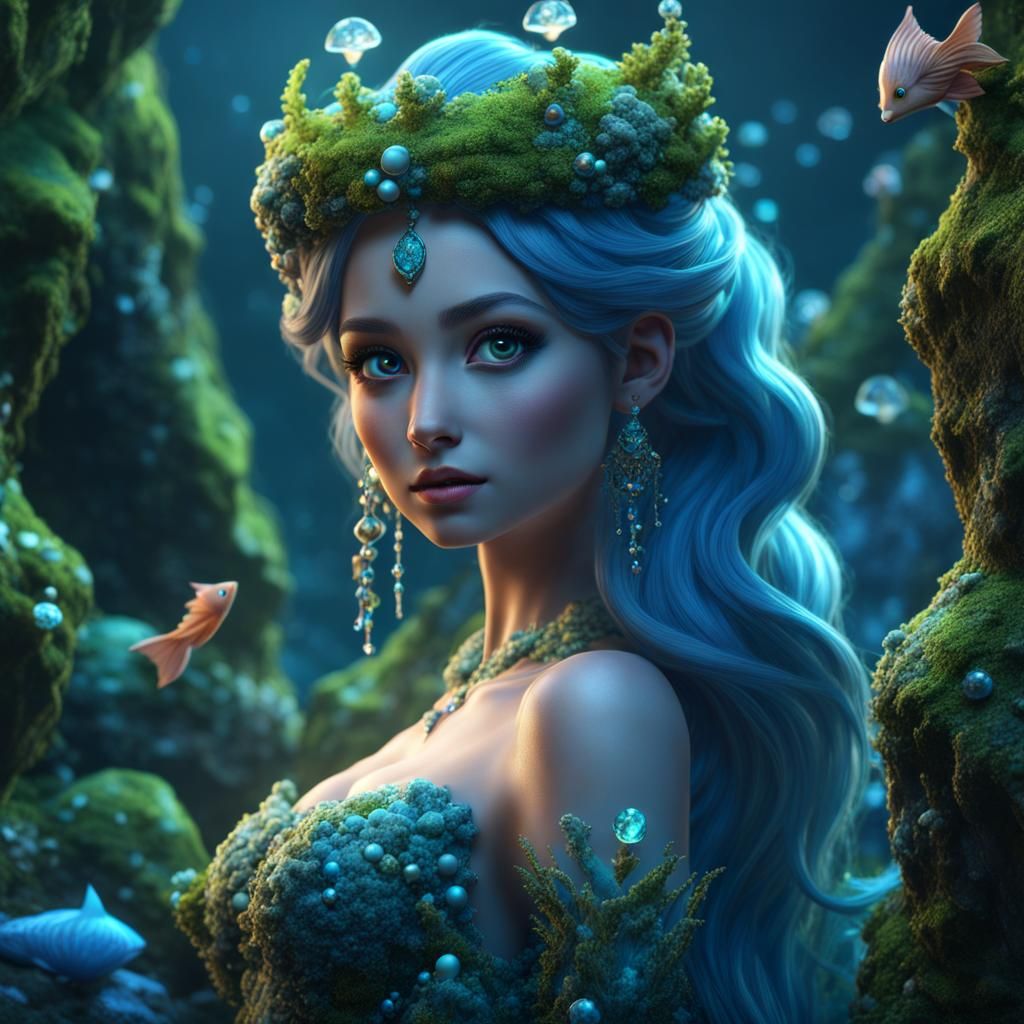 Moss Mermaid with Blue Glow: Fantasy Concept Art