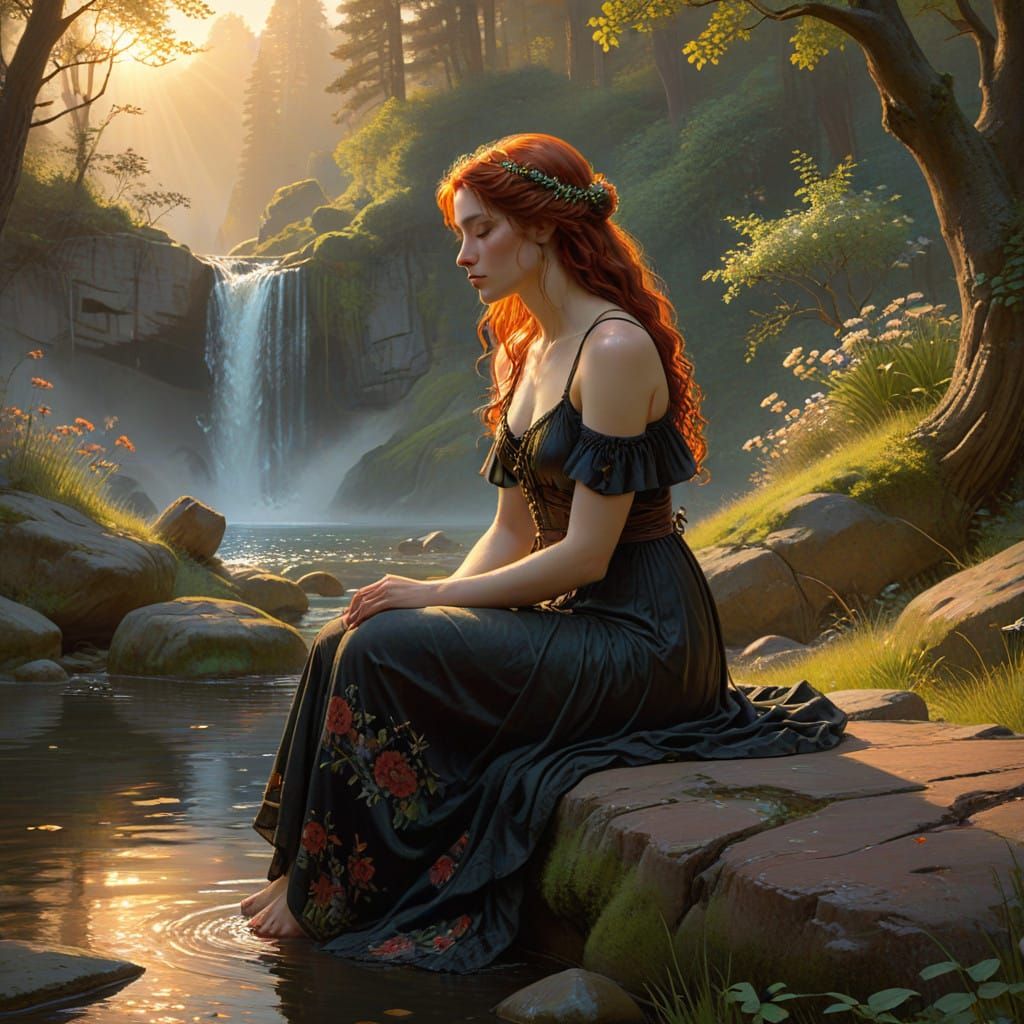 Serene Woman Surrounded by Nature's Beauty in a Dreamy Lands...