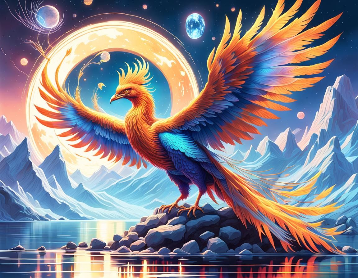 Iridescent Phoenix Rising Under Ethereal Moon as Digital Art