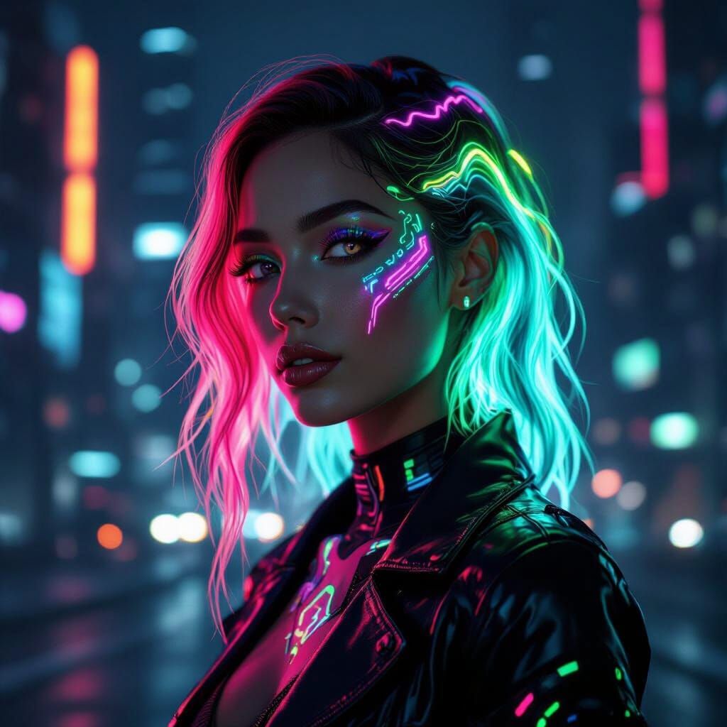 Woman With Vibrant Neon Hair and Bioluminescent Skin