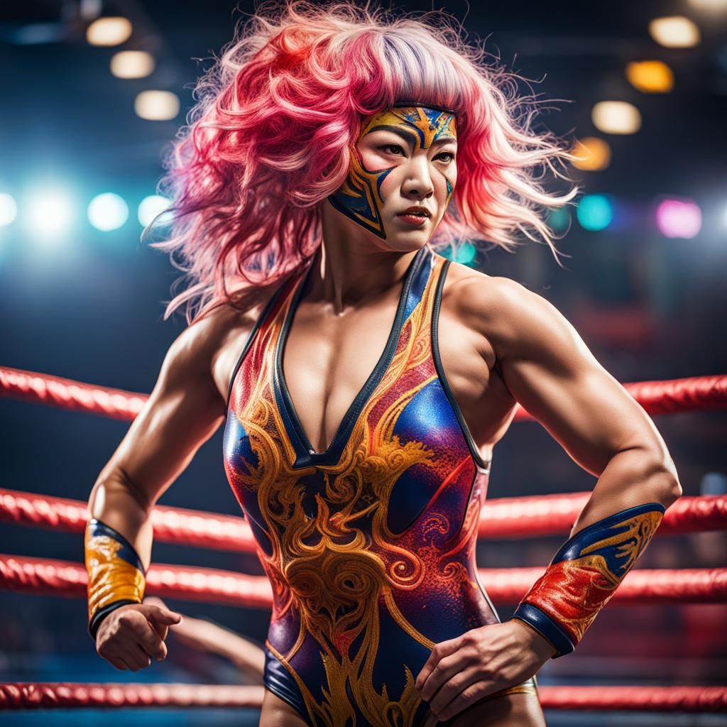 Flamboyant Japanese Wrestler Posing in a Ring
