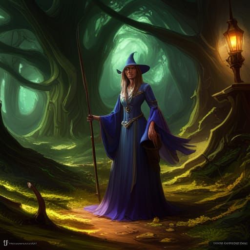 Wise Witch in Forest, Dark Fantasy Concept Art