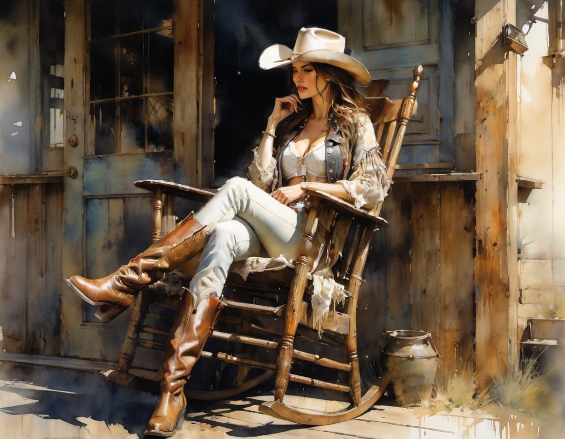 Cowgirl in Rocking Chair: Detailed Watercolor Painting