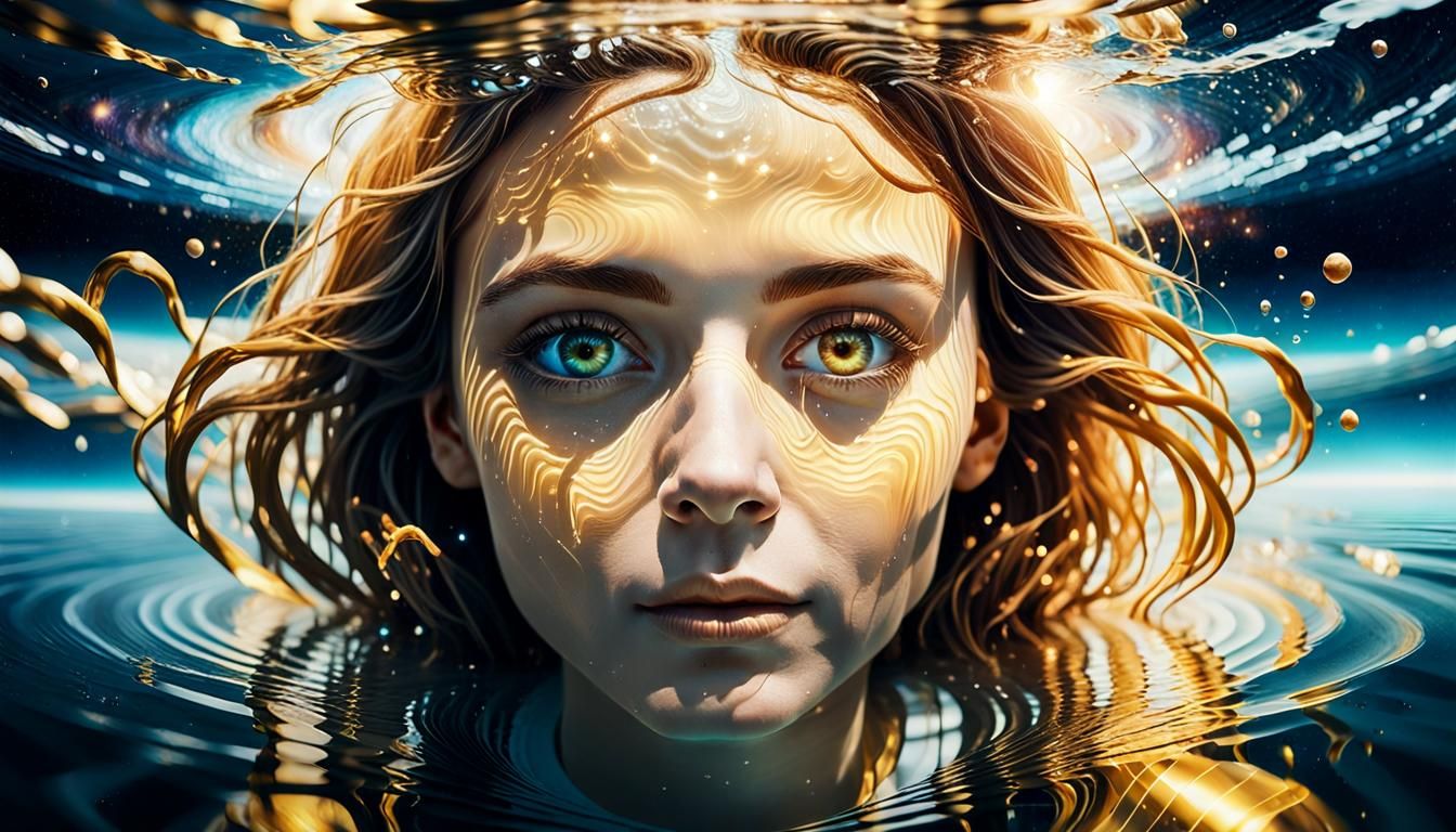 Surreal Double Exposure: Woman, Galaxy, and Golden Light