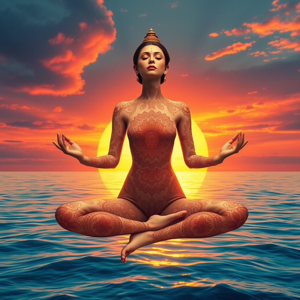 Goddess Meditating Above Ocean at Sunset