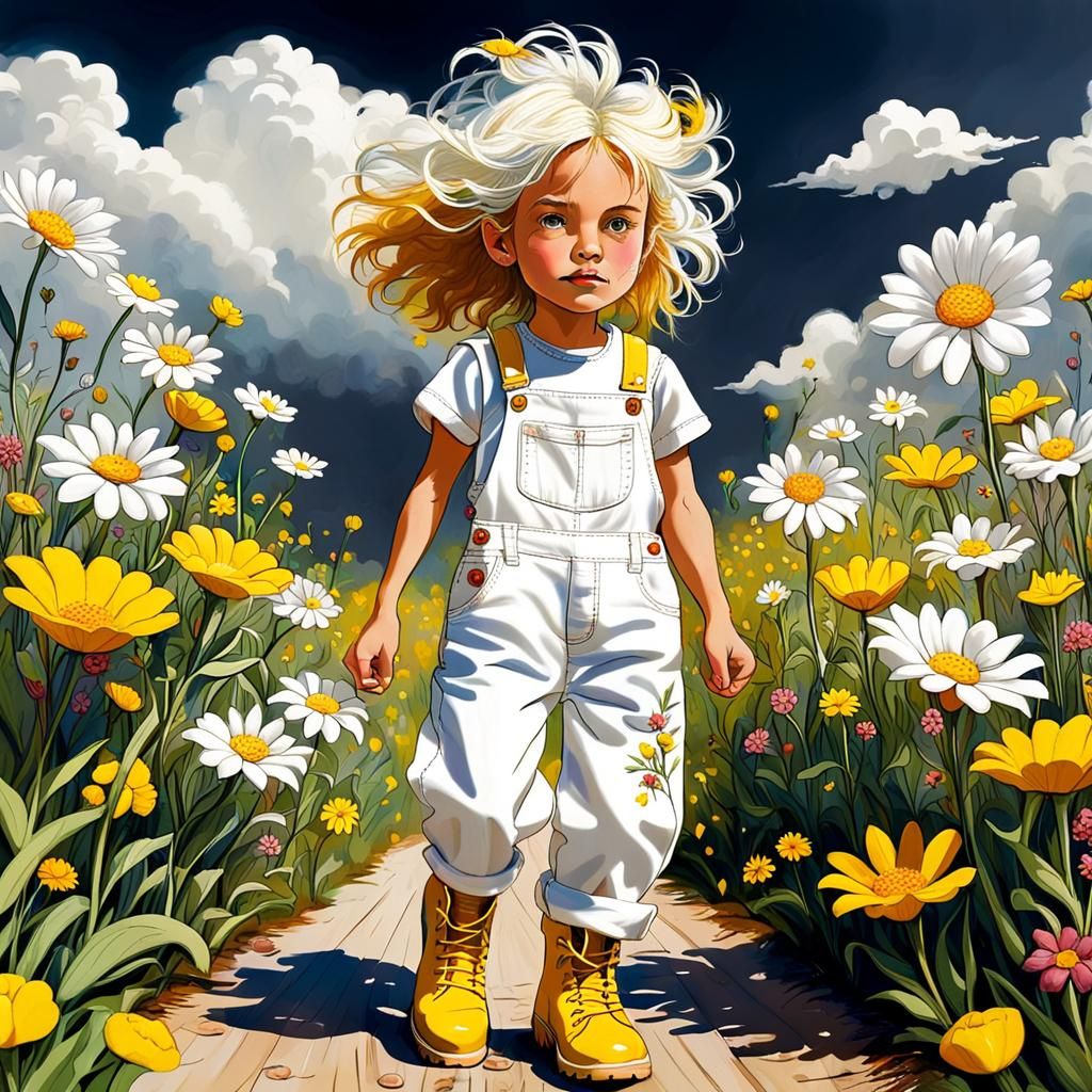 Whimsical Girl with Psychedelic Flowers