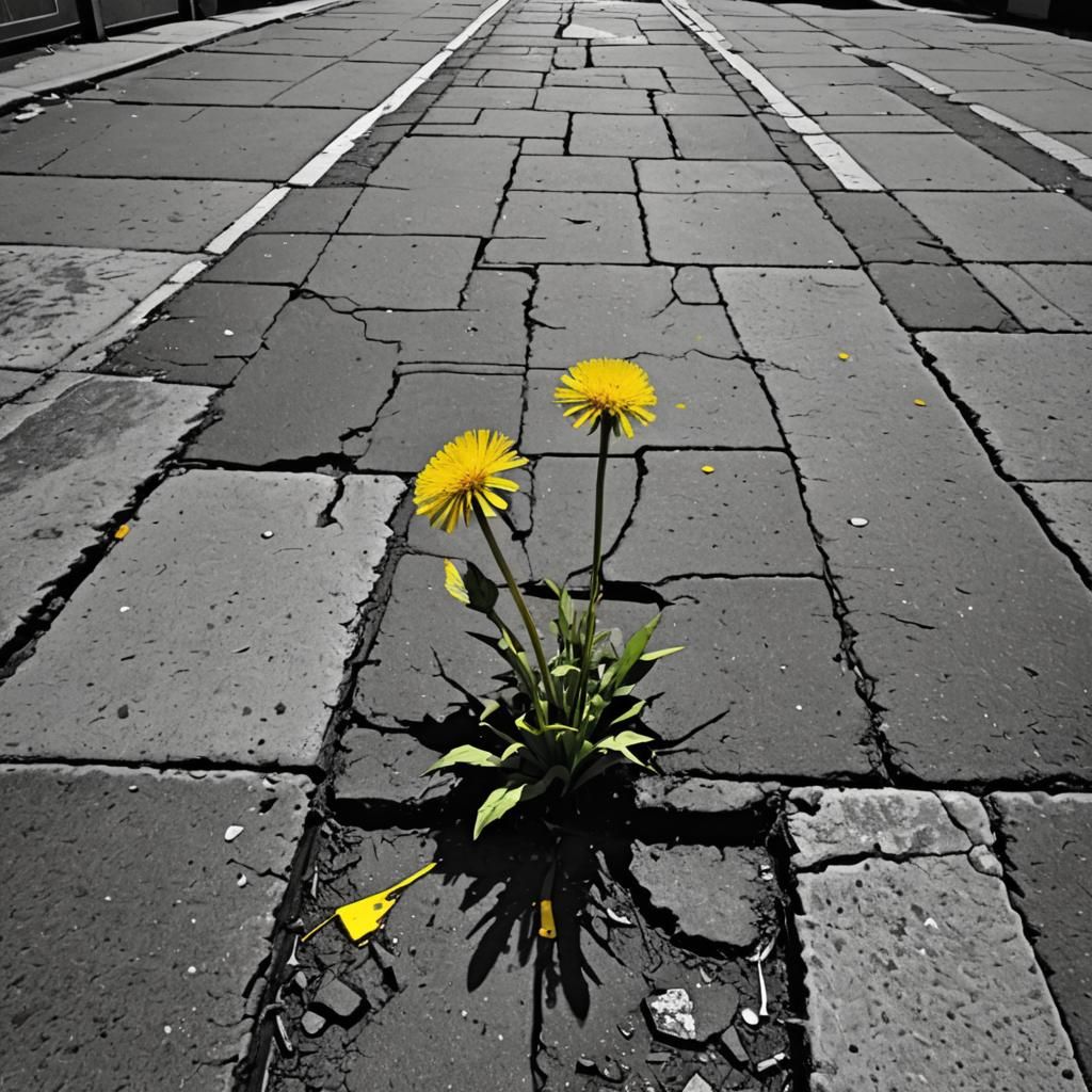 Expressionistic Comic Noir Dandelion in Sidewalk Crack