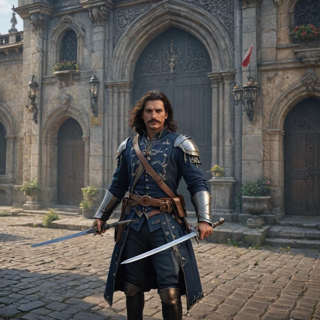 French Musketeer with Sword in Palace: Detailed Matte Painti...