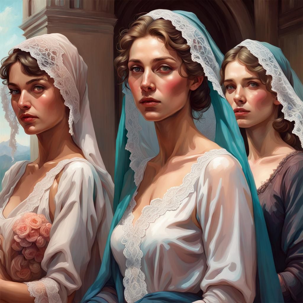 Lace Veiled Women: Expressionist Oil Painting