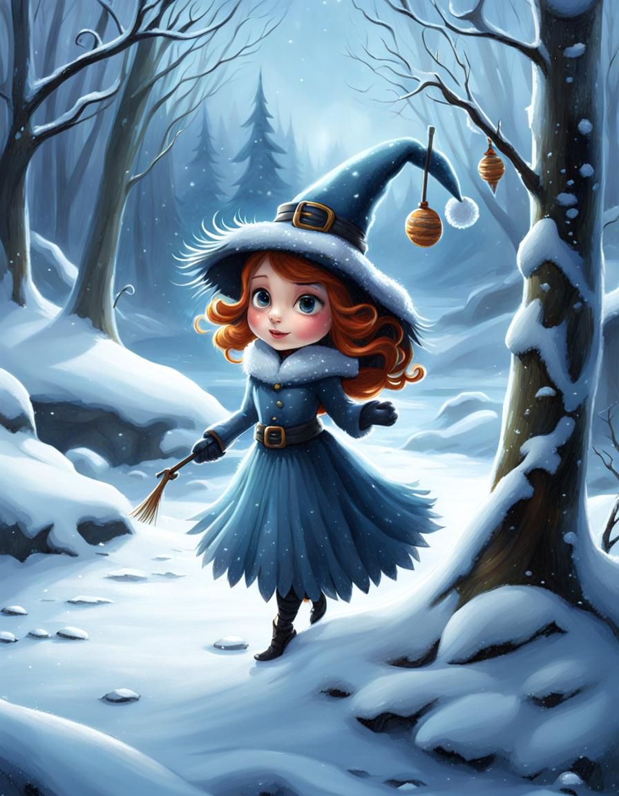 Winter Witch Frolic in Burtonesque Animated Style