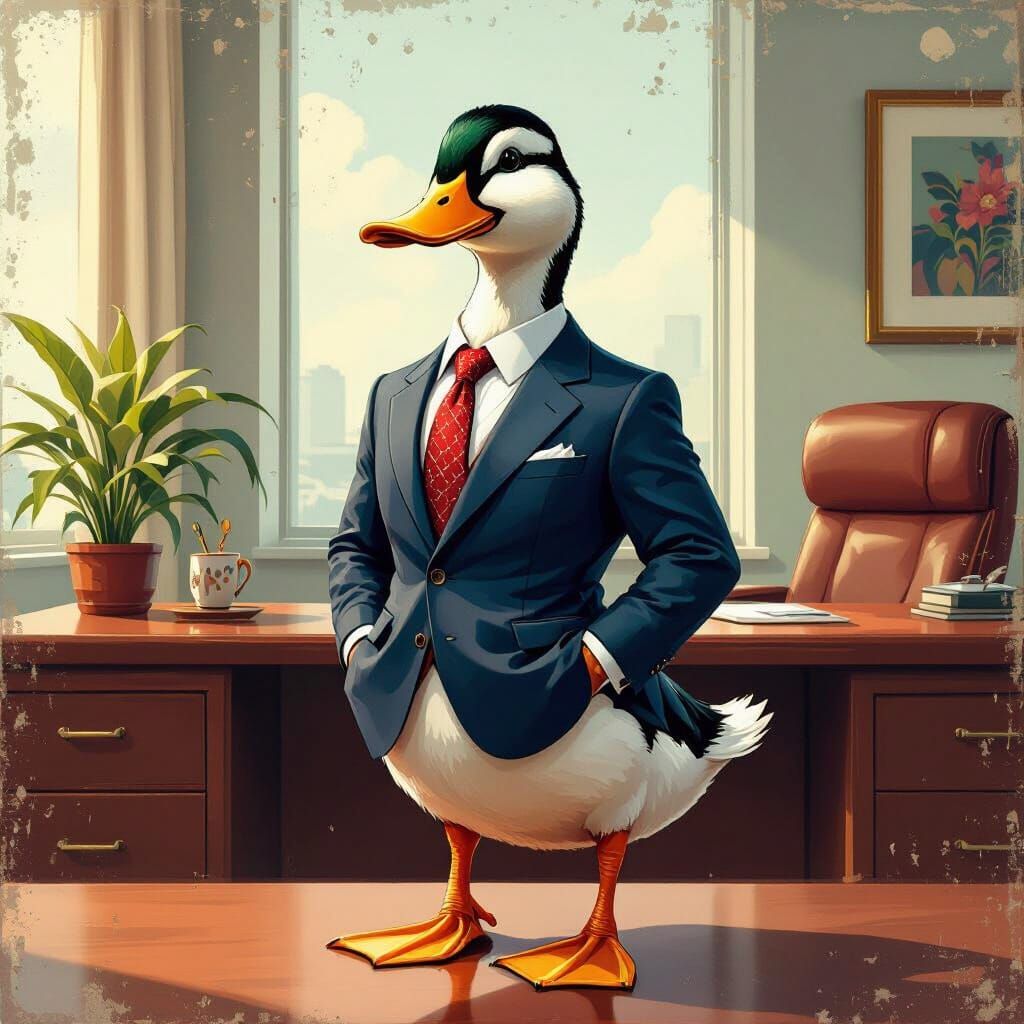 Duck in Business Suit in Whimsical Digital Art Style