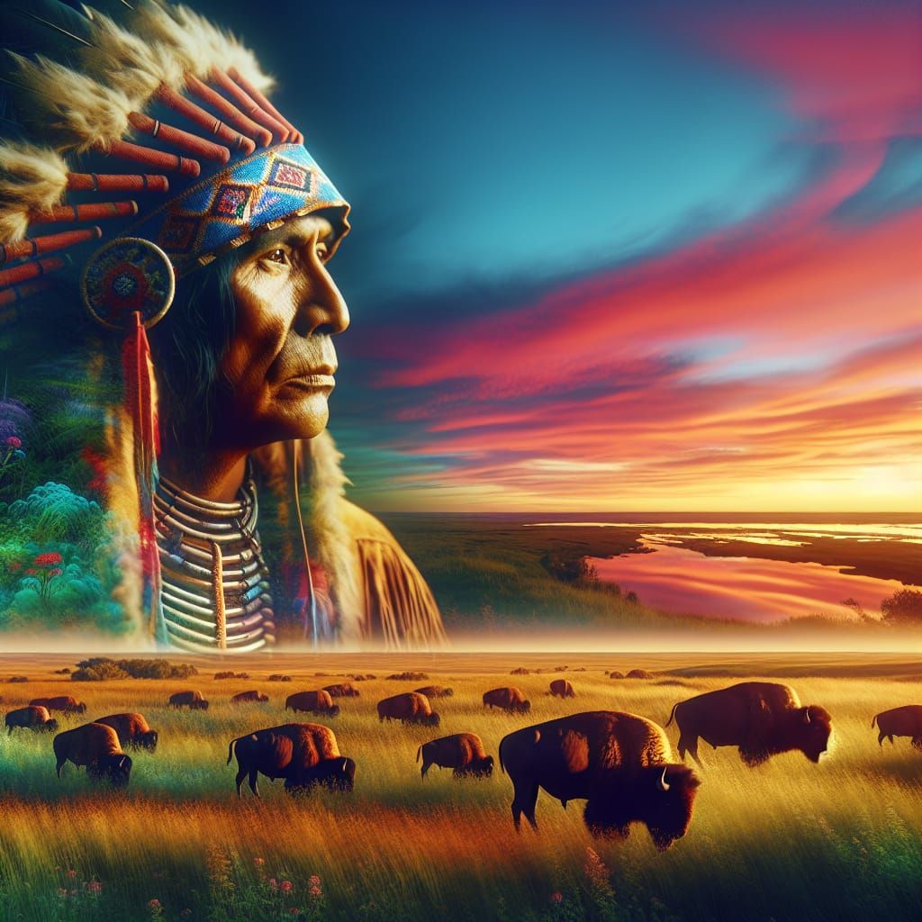Native American Indian in Vibrant Fantasy Landscape