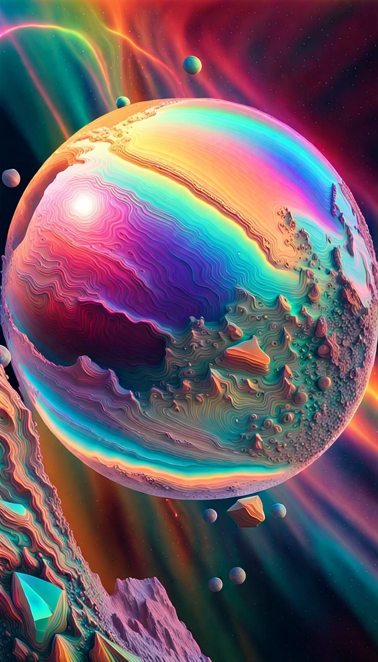 Iridescent Crystal Planet from Orbit: Surreal Digital Art