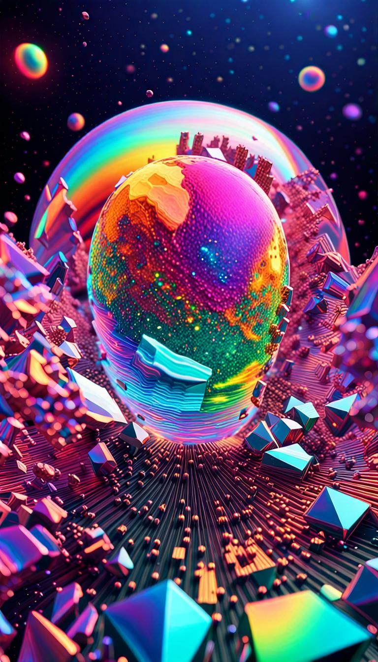 Iridescent Crystal Planet in High Orbit: 3D Digital Art