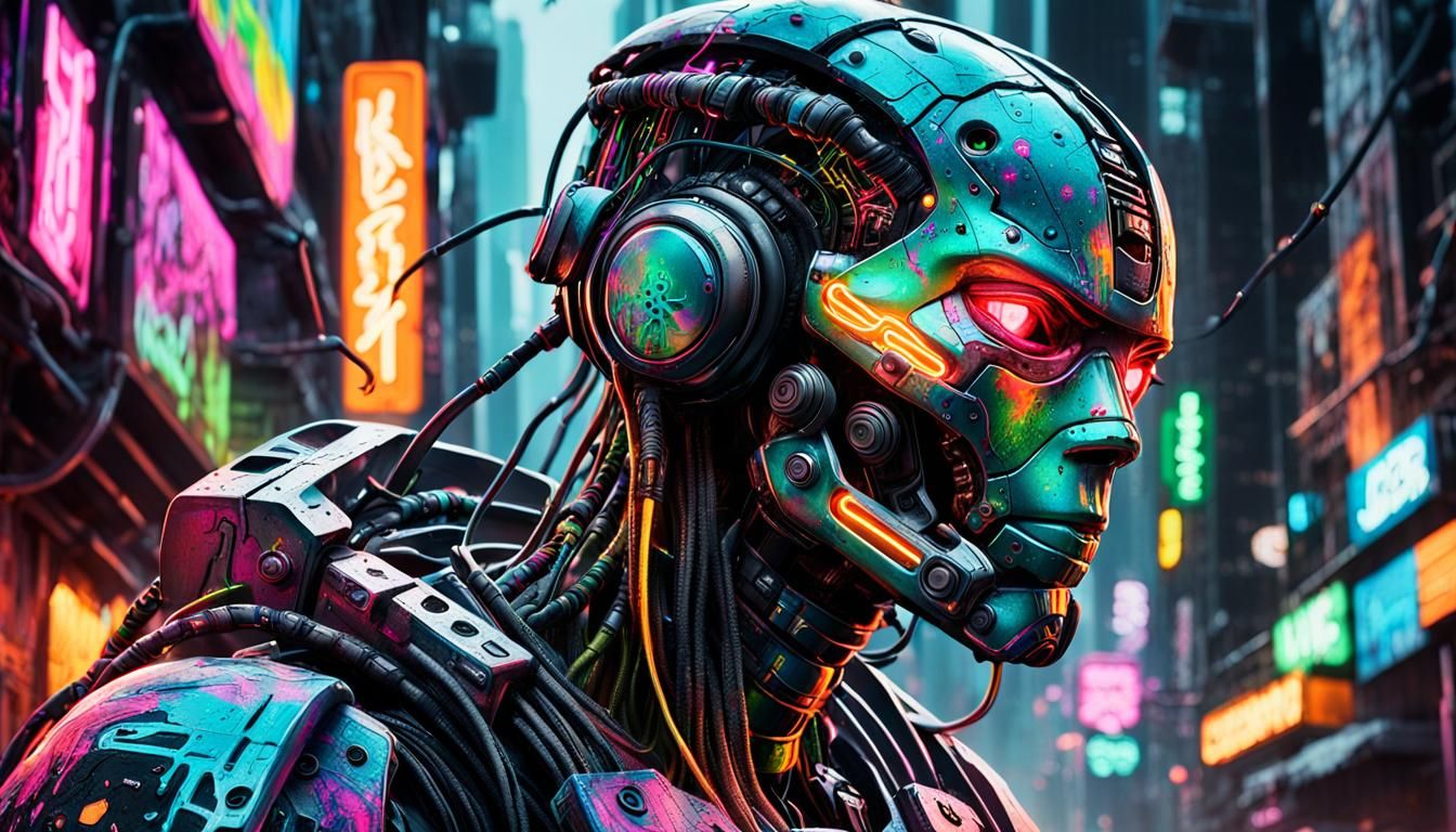 Cyberpunk Cyborg Graffiti Art in Dystopian Cityscape