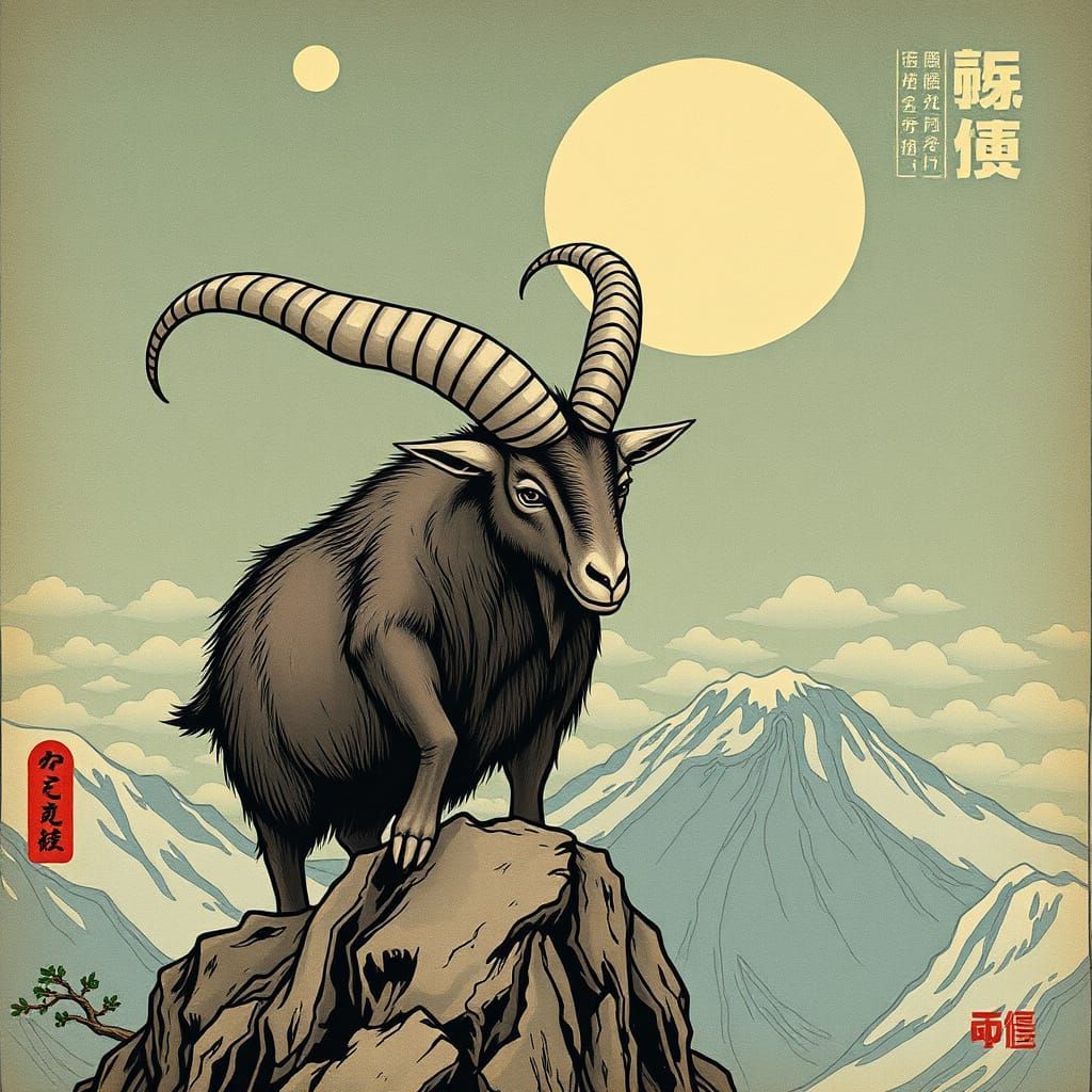 A mountain goat with twisted horns. art deco Dan Mumford Tim Burton underground comix Ukiyo-e storybook illustration spl...