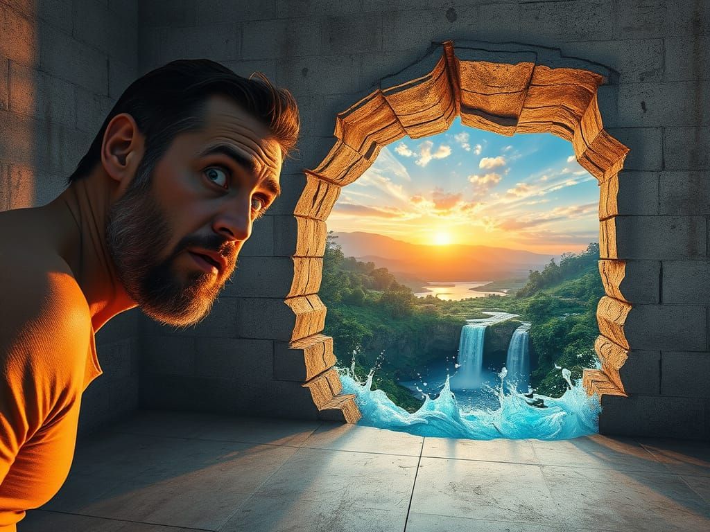 Surprised Man Recoils Before a Miraculous Gateway