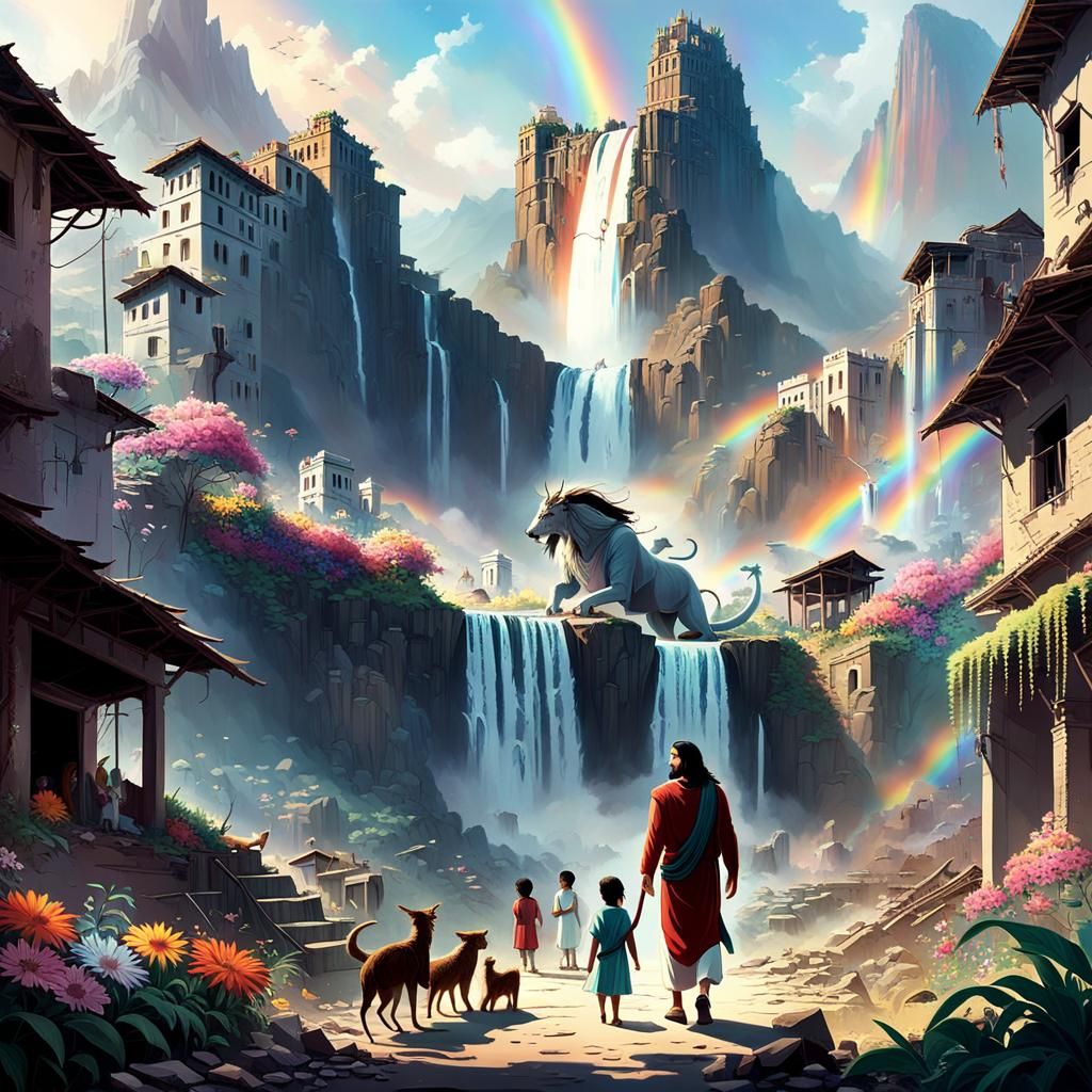 Serene Christ in Ruined City: Hyper-Realistic Concept Art