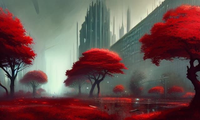 Overgrown City with Red Trees: Dark Fantasy Concept Art