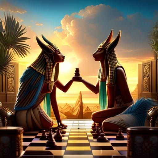 Bast and Anubis Play Chess: Dark Fantasy Art
