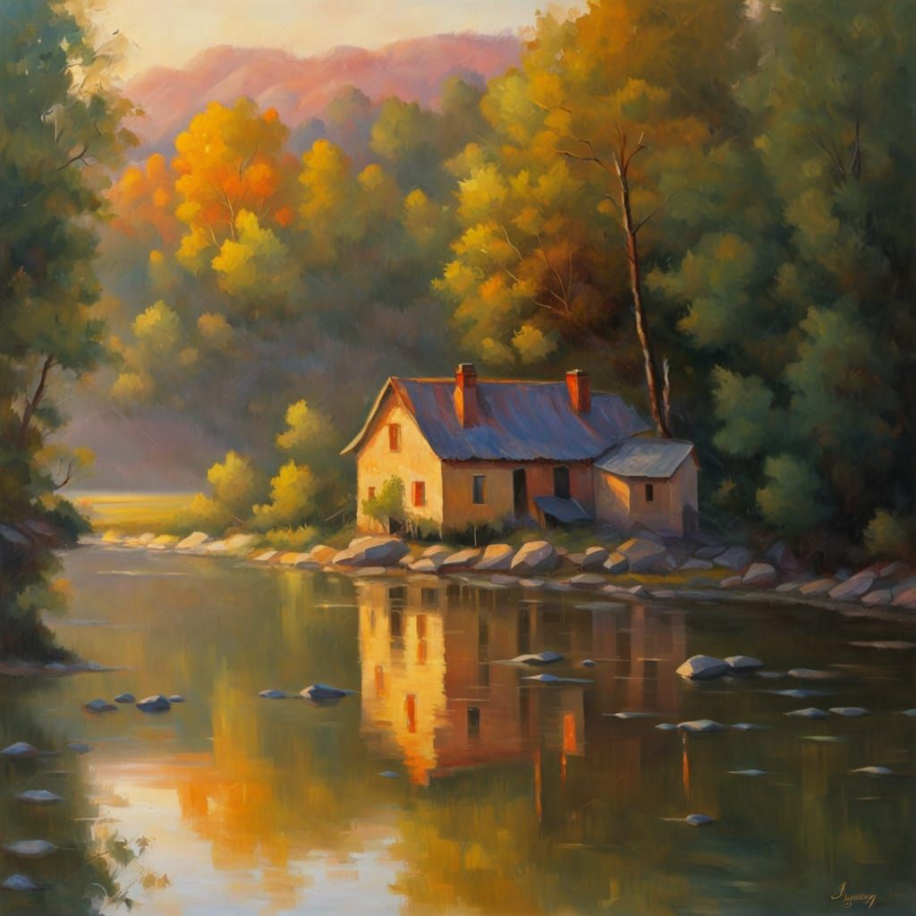 Impressionist Oil Painting of a House by a River