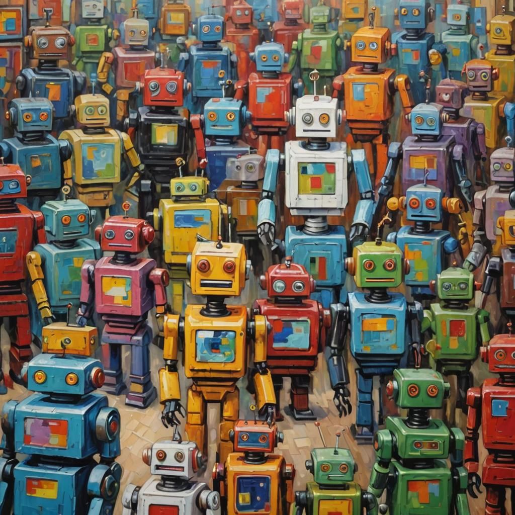 Robots in Thrift Store: Neo-Impressionist Impasto Painting