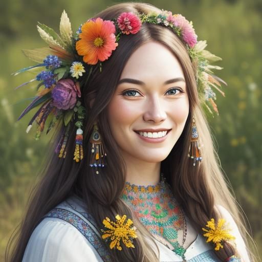 Smiling Hippie Girl with Flowers: Hyperrealistic Rendering