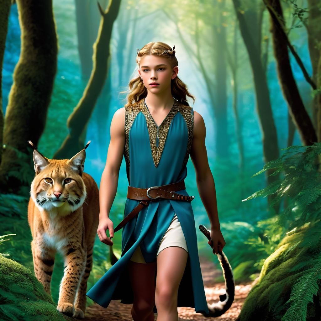 Enchanted Youth and Bobcat in Mystical Forest