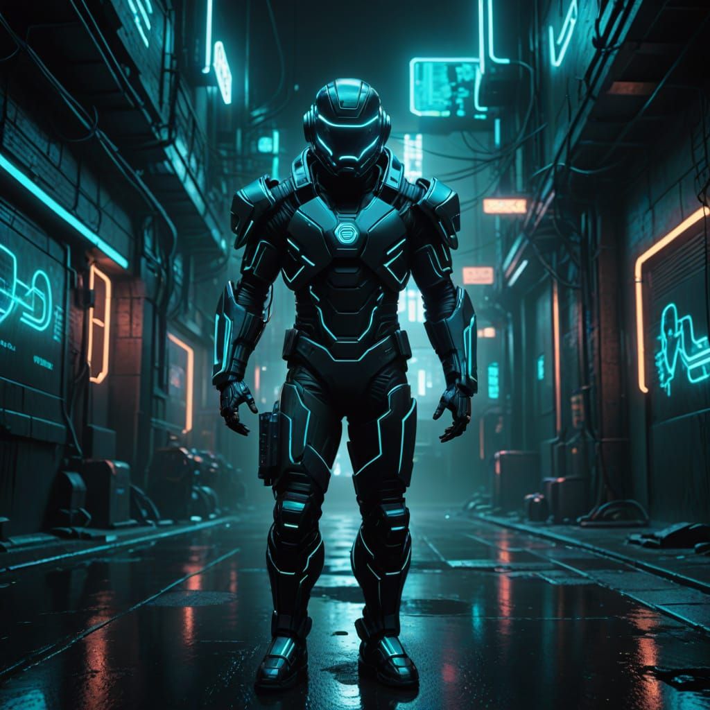 Cyberpunk Hero Stands Tall in Dark Alley