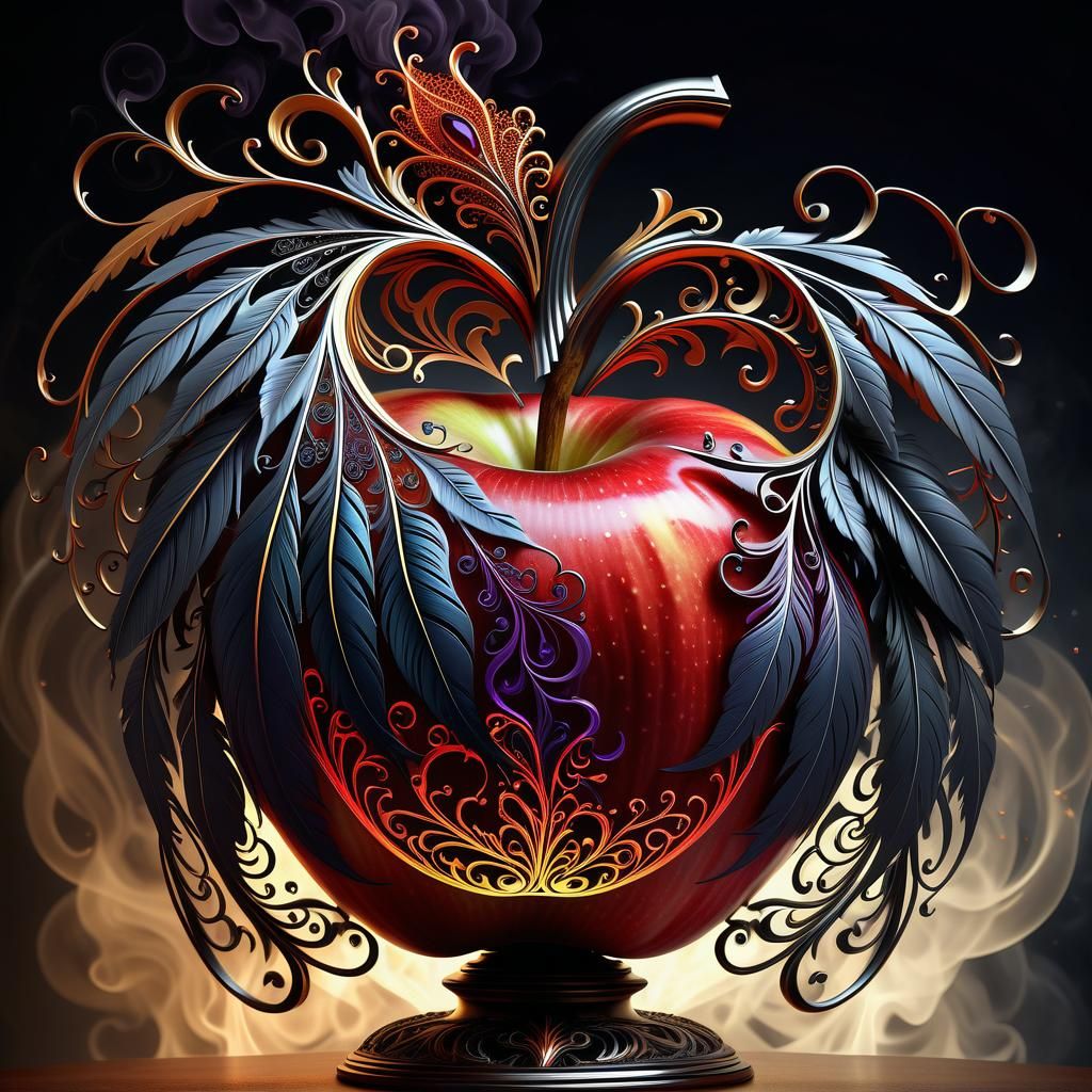 Stylized Apple with Filigree and Swirling Smoke