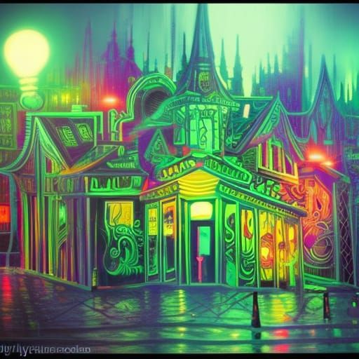 Fluorescent Black Light Cityscape at Night