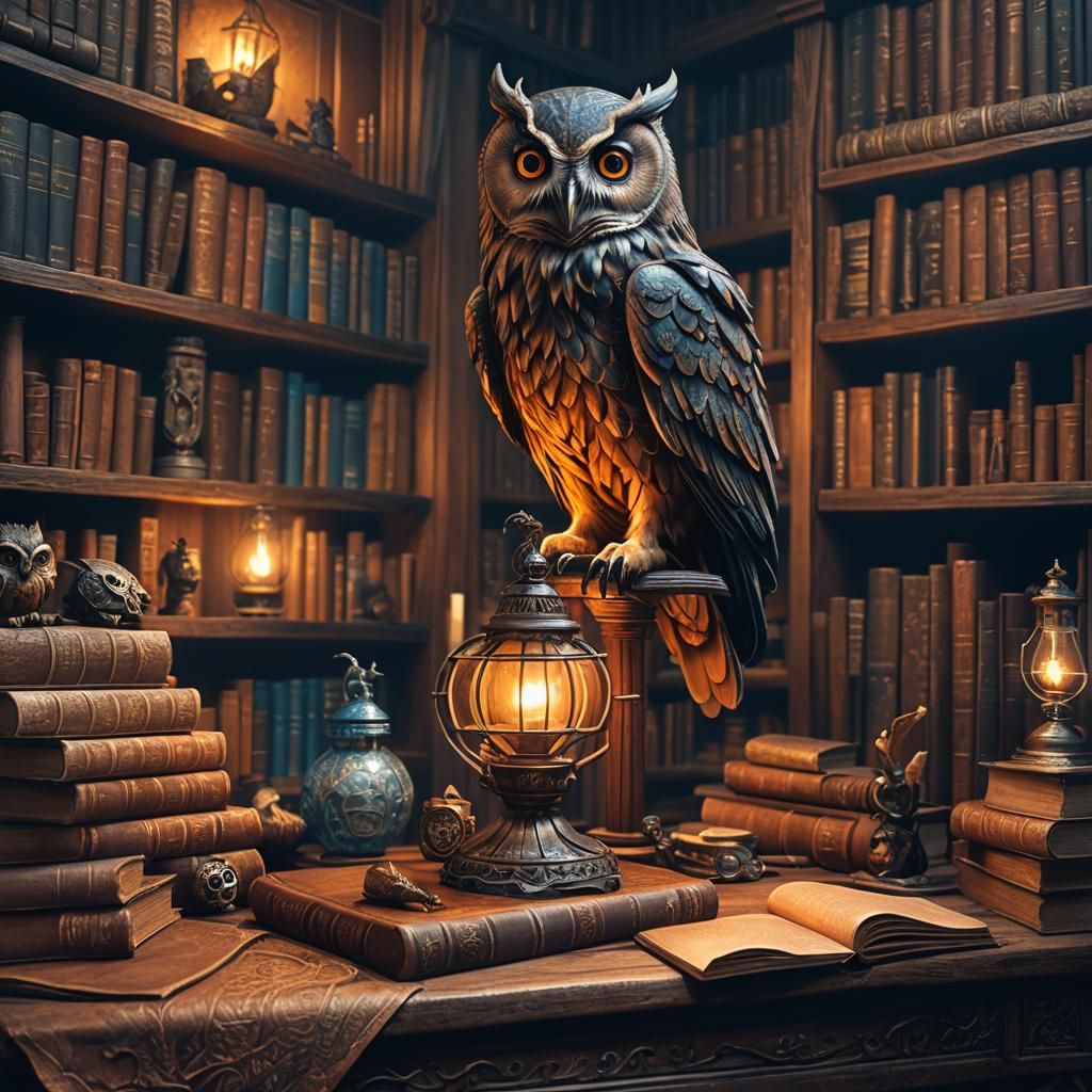 Mystical Owl Lamp on Ancient Desk