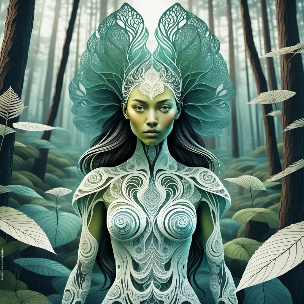 Humanoid Woman in Scandinavian Forest: Rice Paper Art