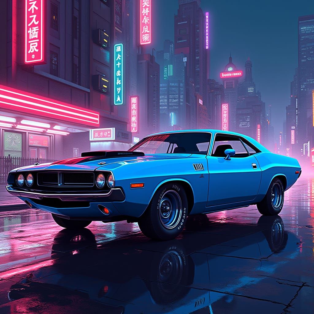 <lora:Fluix:1.0> A 1969 Dodge Challenger, blue in Fluix styl...